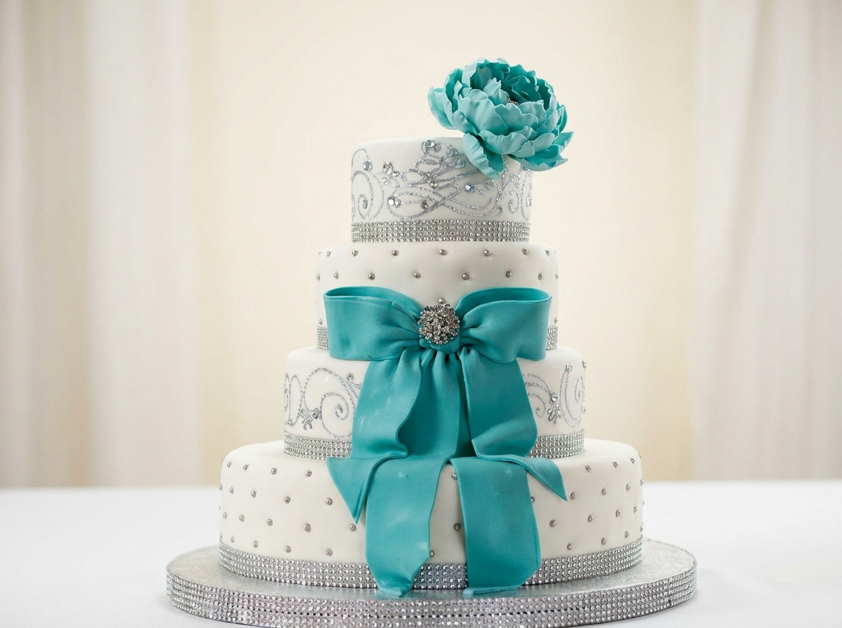 Teal Bow & Crystal Tiered Cake