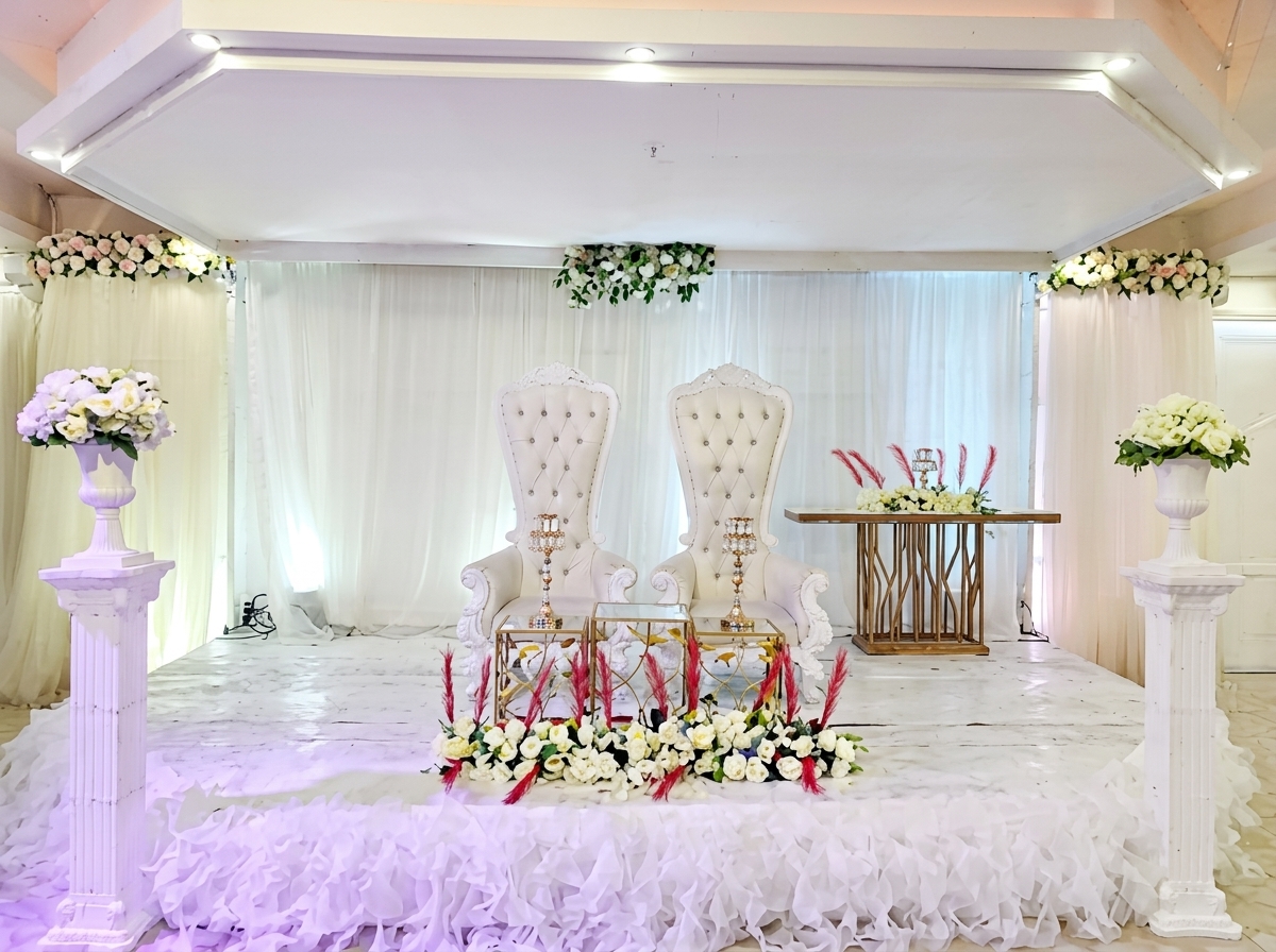 Royal throne stage with floral pedestals