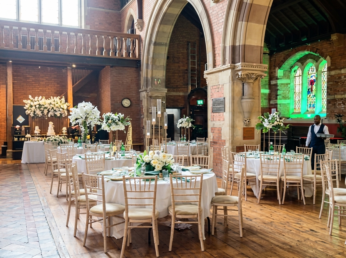 Historic church venue with floral centerpieces